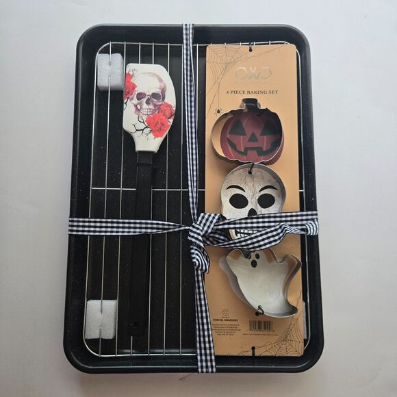 Halloween Baking Sheet 6 Pc Set Ghost Pumpkin Skull Rack Cookie Cutters Spatula - Picture 2 of 3